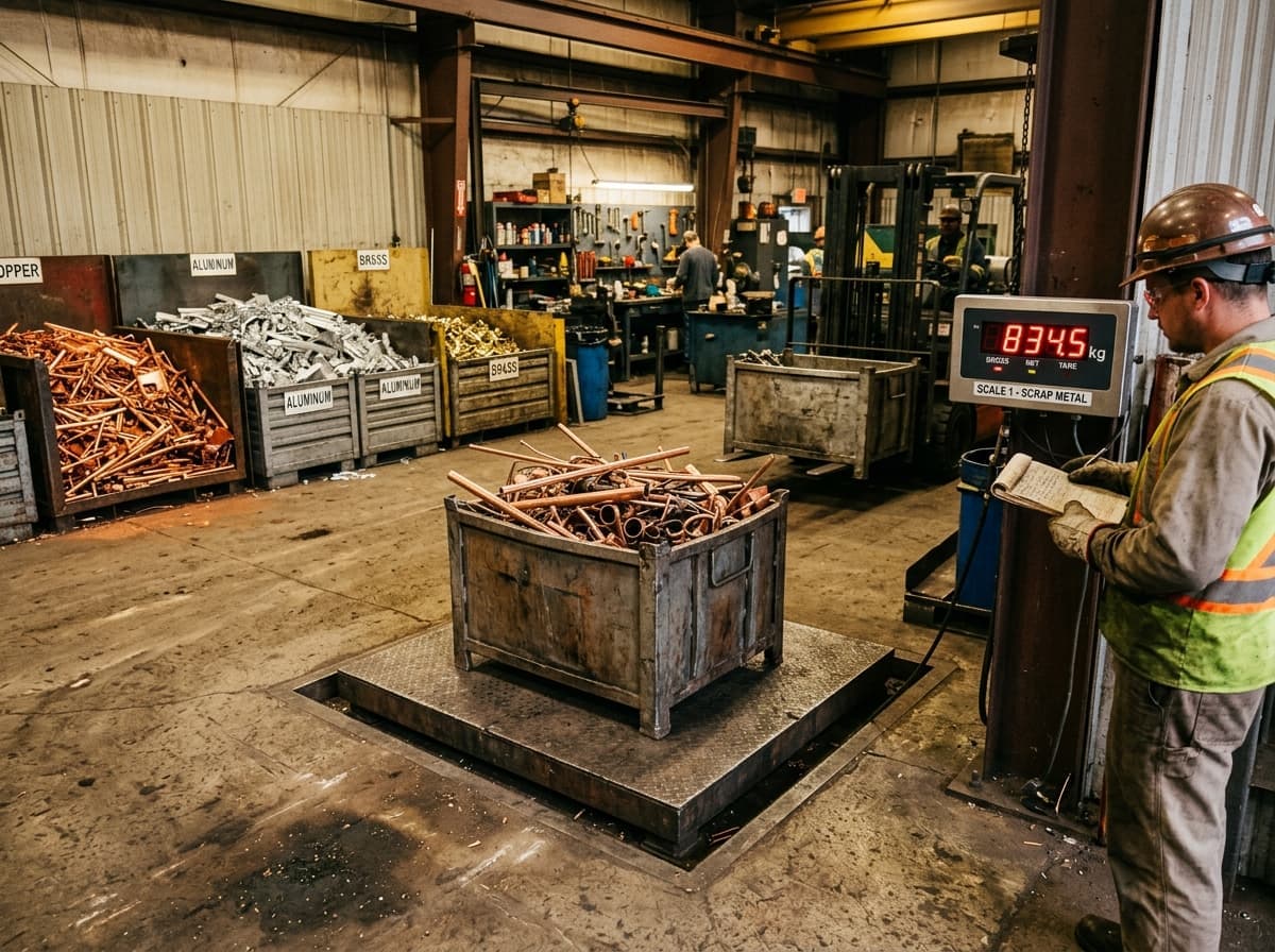 Scrap metal being weighed on an industrial scale