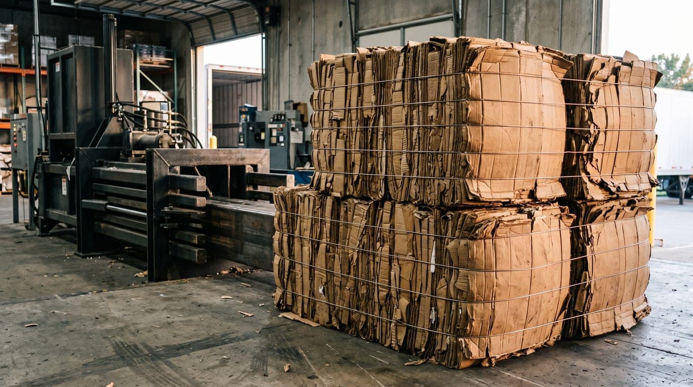 Baled corrugated cardboard stacked on a distribution center loading dock
