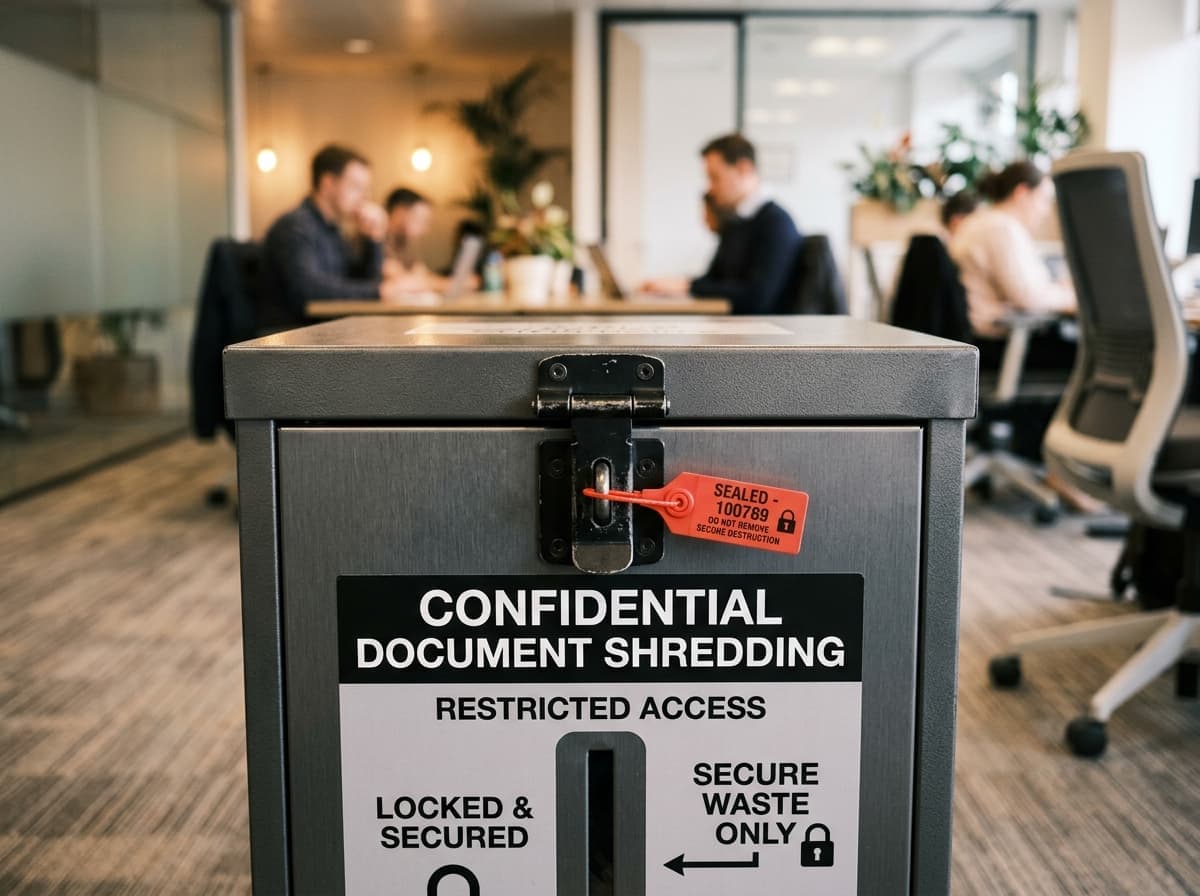 Locked shredding bin for secure confidential document destruction
