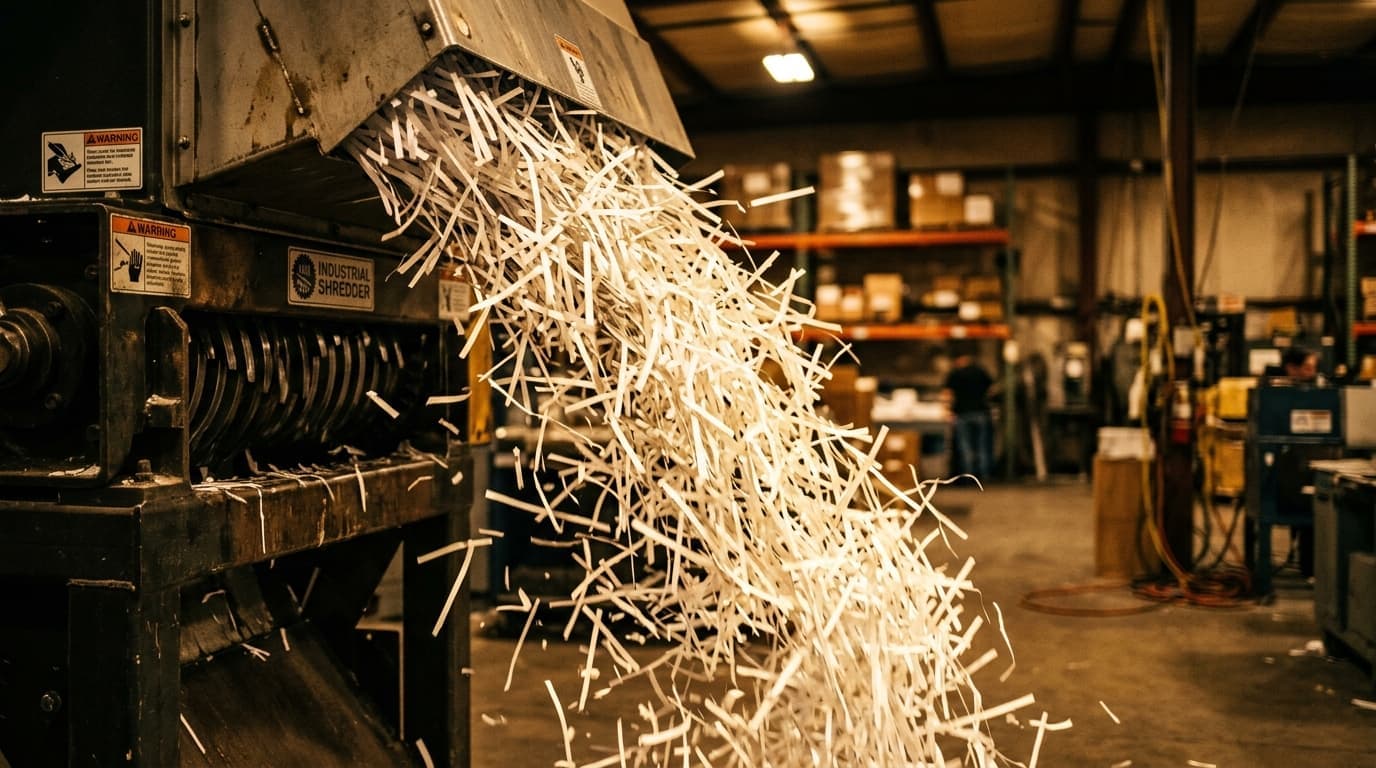 Industrial paper shredding machine processing confidential documents